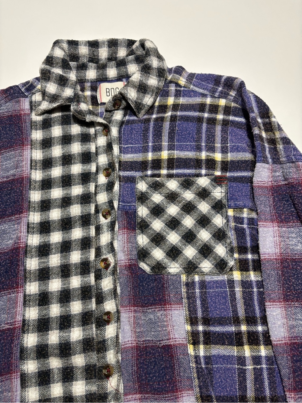 BDG Purple Black & White Plaid Patchwork Cotton Distressed Flannel